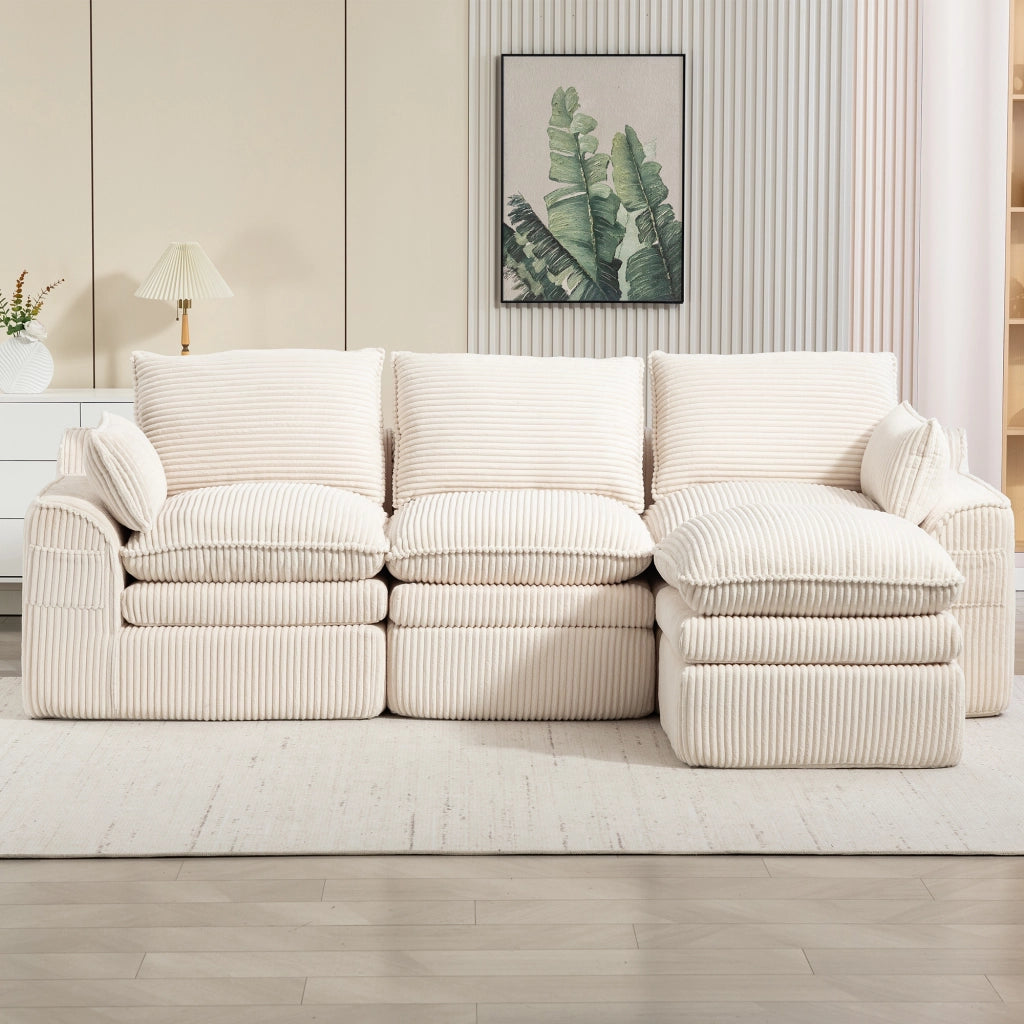 Divano modulare 3 posti in velluto a coste con cuscini, tasche laterali e schiuma a 3 strati, beige