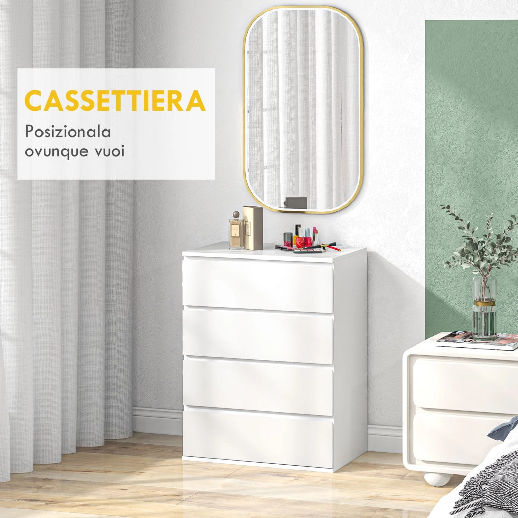 EasyComfort Cassettiera 4 Cassetti in Truciolato con Guide in Metallo e Maniglie Scanalate, 60x40x80 cm, Bianco