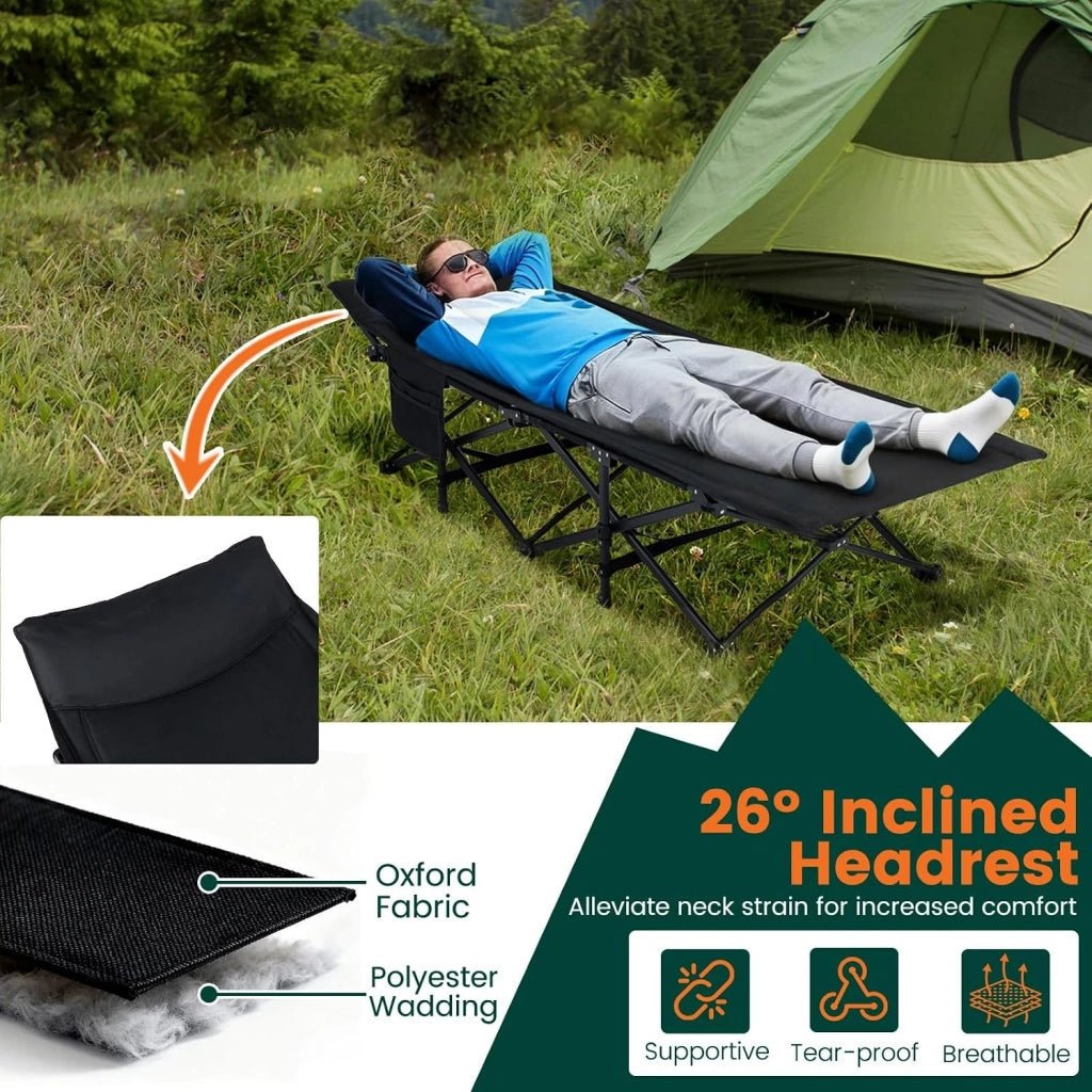 Letto da campeggio con borsa portaoggetti, letto da campo pieghevole con borsa laterale, letto esterno per 1 persona poggiatesta inclinato, carico di 180 kg, per viaggio, campeggio, 189 x 69