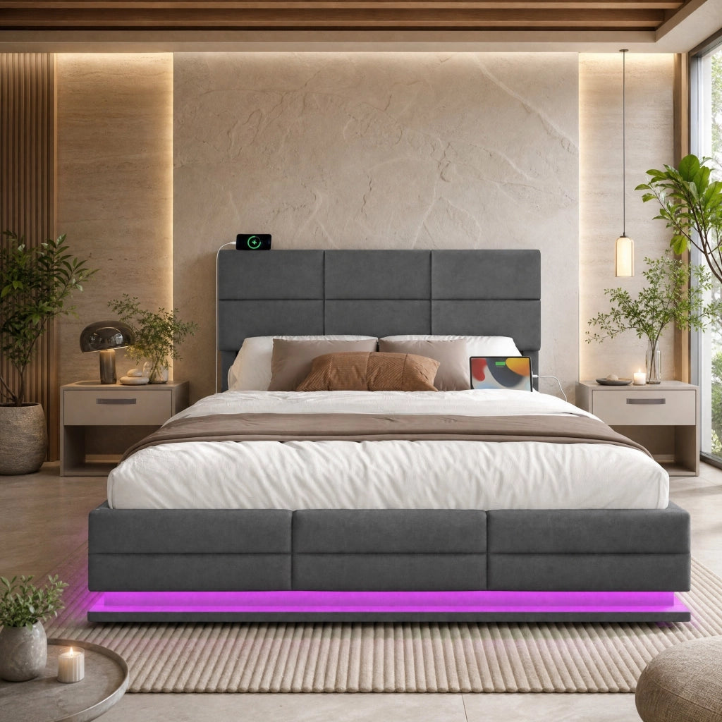 LETTO 180x200 cm in velluto grigio scuro con testiera regolabile e luci LED