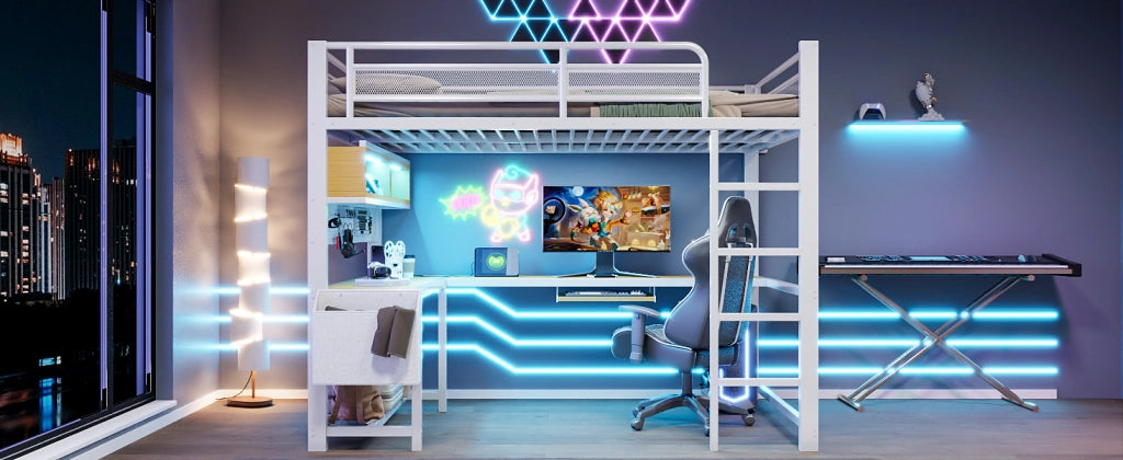 DESMIU Letto a soppalco 140 × 200 cm con scrivania, LED, prese USB, senza materasso, bianco