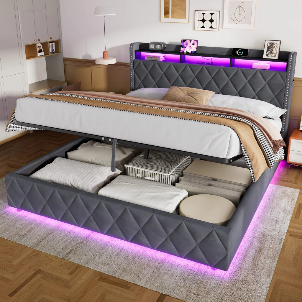 Letto Imbottito 180x200 cm con Contenitore, LED e USB, Grigio Scuro