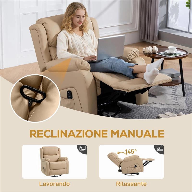 POLTRONA RELAX RECLINABILE CON 8 PUNTI MASSAGGIANTI, RISCALDANTI E POGGIAPIEDI, 87X97X100 CM, BEIGE