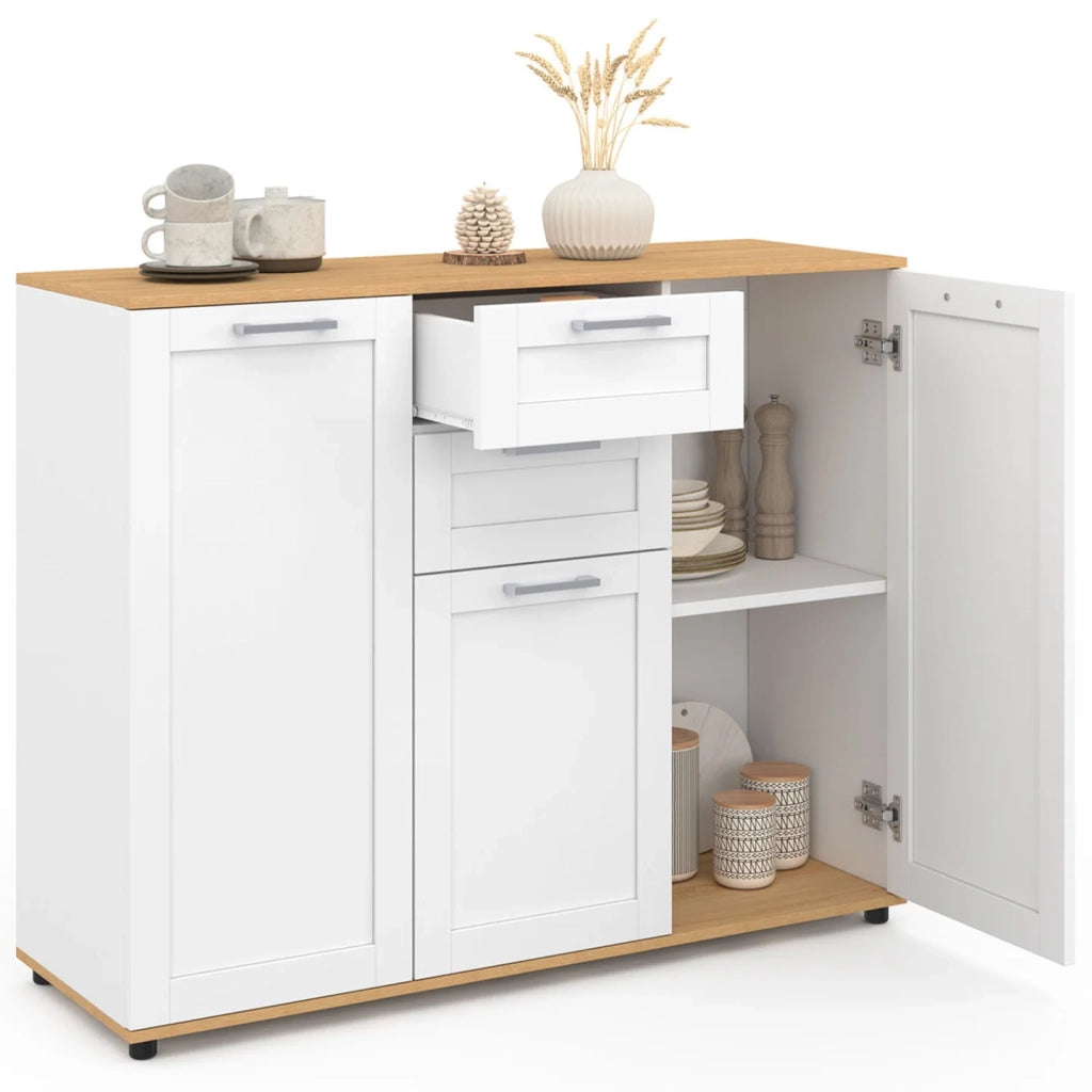 IDMarket - Credenza VITO 100 cm con 3 ante e 2 cassetti bianchi e piano in legno