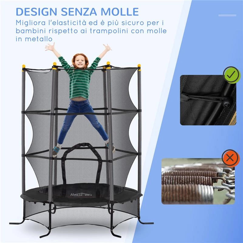TRAMPOLINO ELASTICO PER BAMBINI Ï1.6X1.9 M CON RETE DI SICUREZZA E PALI IMBOTTITI, ETÓ 3-10 ANNI, NERO