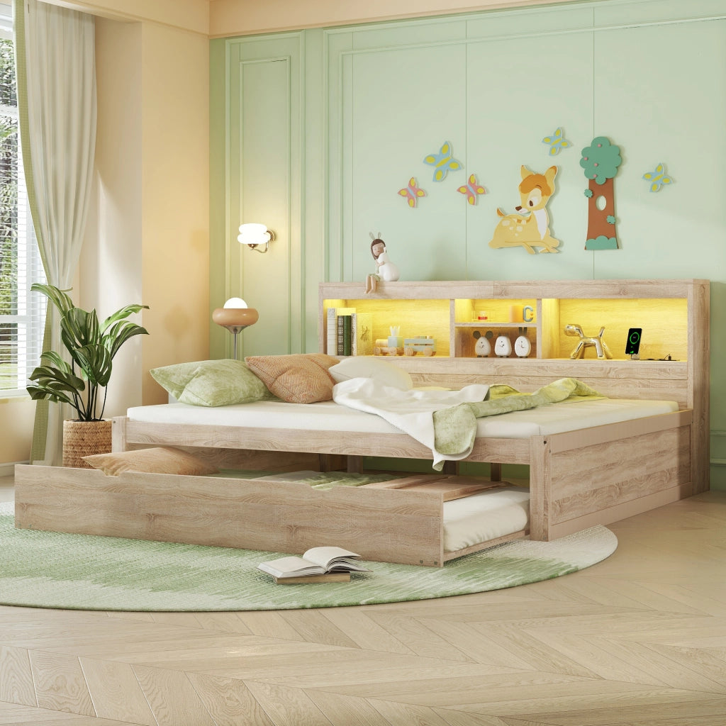 LETTO Estraibile 140x200 cm Naturale in pannello di legno con LED, prese USB