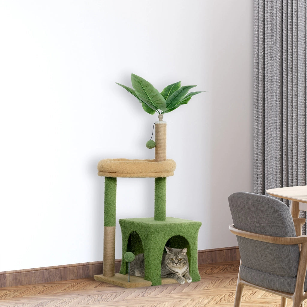 Tiragraffi Albero per Gatti con Cuscino e Palline ¨C zephmum ¨C Legno, Poliestere, Verde e Marrone, 44x30x98 cm
