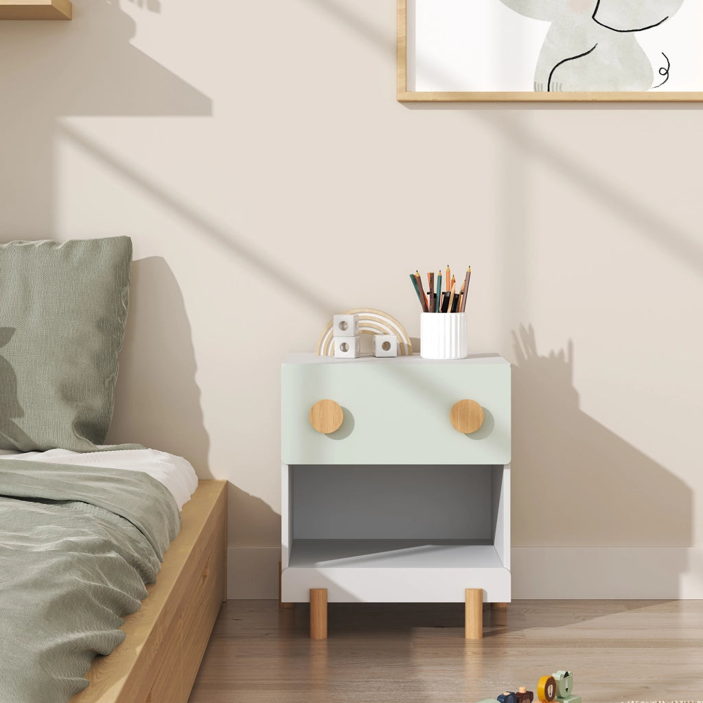 Comodino per Cameretta Vaarentaa con Cassetto e Scomparto Aperto 47x40x35 cm - Bianco/Verde Menta [en.casa]