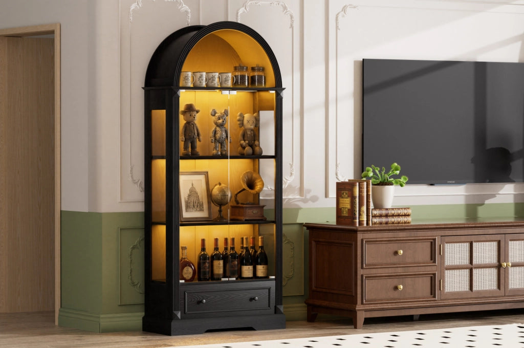 Vetrina ad arco in MDF e vetro con LED a sensore; 80 × 35 × 180 cm; nera