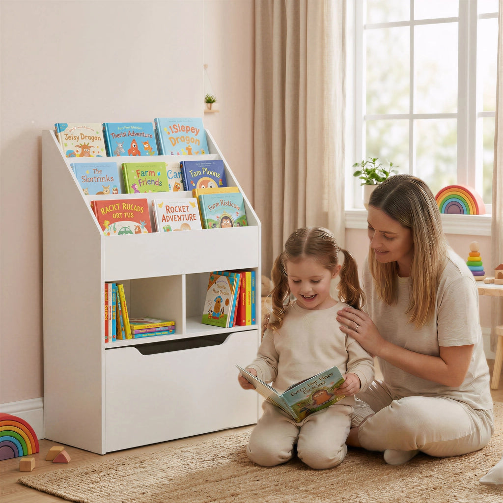 Piccola Libreria per Bambini con Ripiani e Cassetto in MDF. 60x29.9x90cm. Bianco