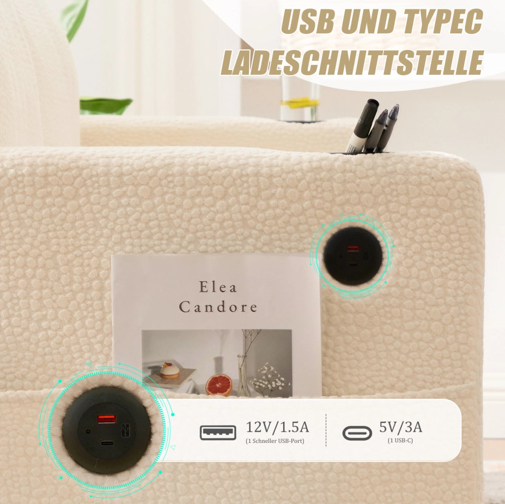 Divano a 2 posti in chenille beige con USB-C; luci LED; portabicchieri e tasche laterali 203 cm