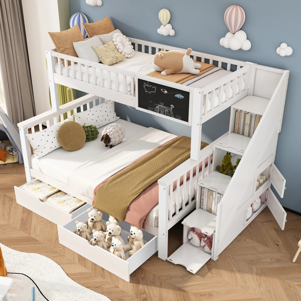Letto a castello per bambini 90x200 e 140x200 cm con lavagna e cassetti bianco