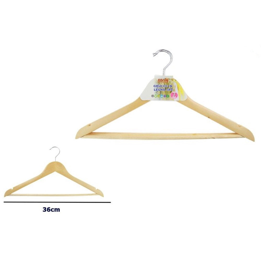 Trade Shop - Set 3pz Grucce Stampelle Appendiabito In Legno Vestiti Pantaloni Giacche 36cm 10449 -