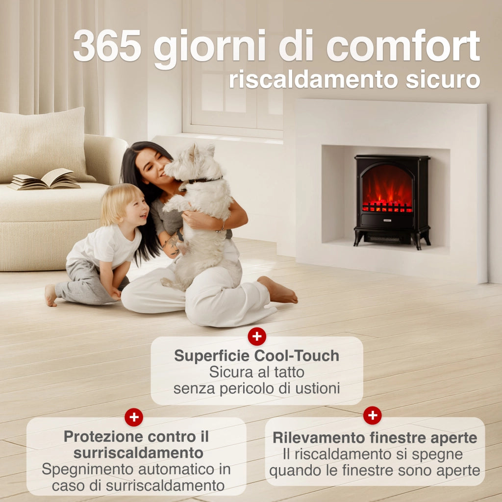 KAMINIO Camino elettrico LENI - Stufa elettrica con riscaldamento, effetto fiamma 3D - Nero