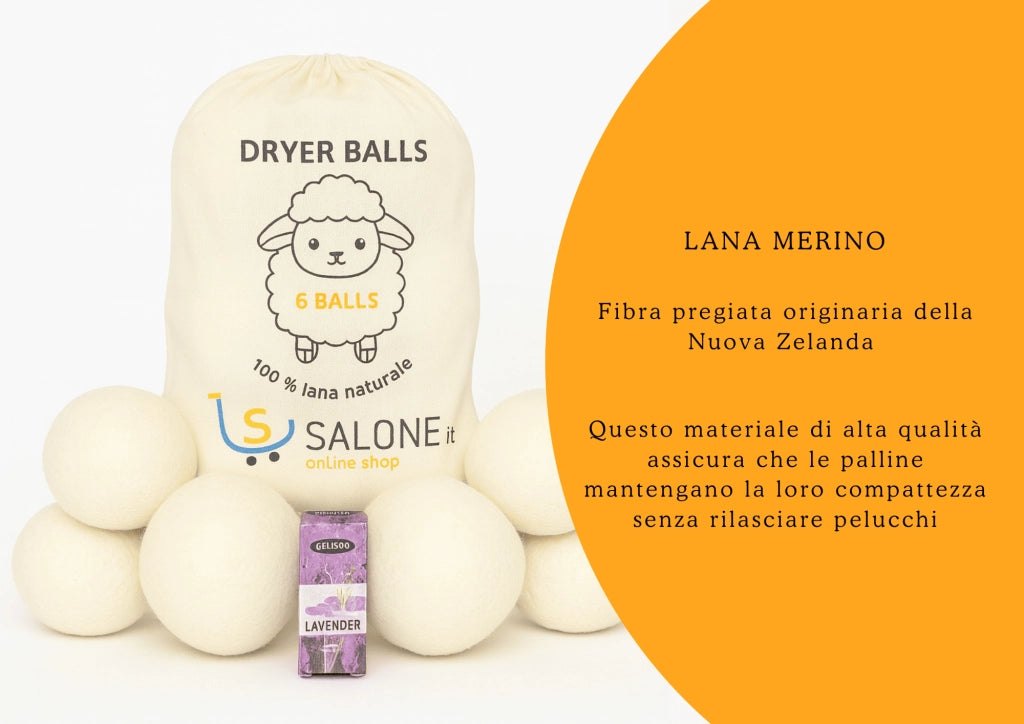 6 Palline per Asciugatrice in Lana Merino Naturale della Nuova Zelanda con Olio Essenziale alla Lavanda