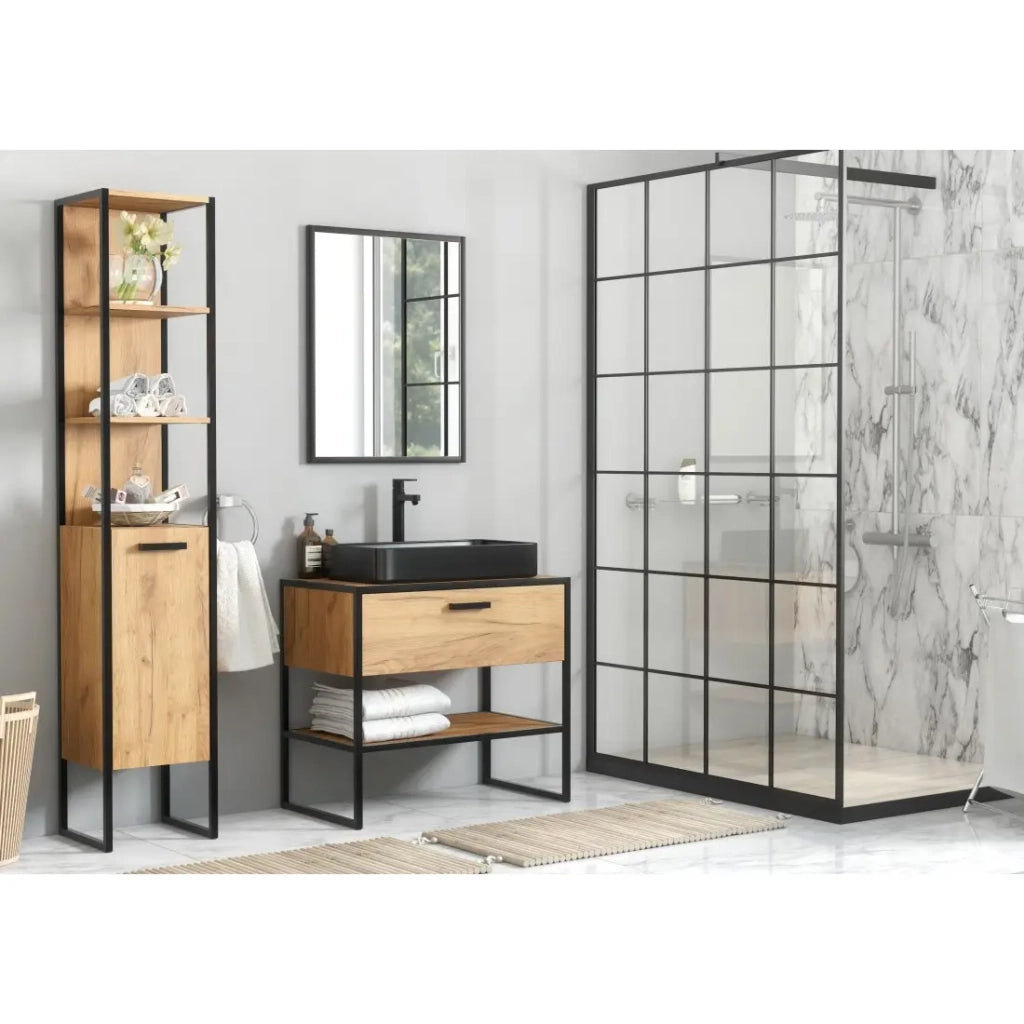 Mobile sottolavabo ONIL – 2 porte – Rovere chiaro e nero – Stile industriale – L90 cm