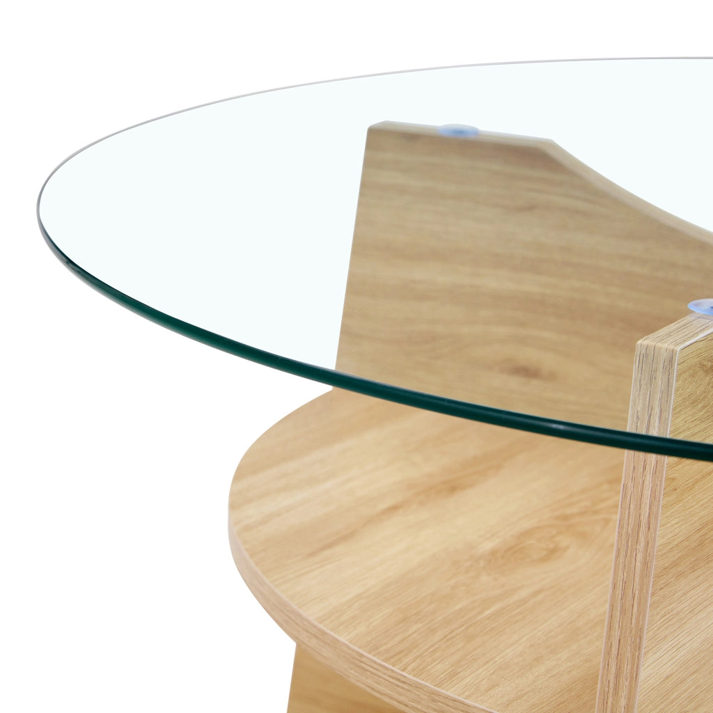 Tavolino da caffè rotondo in vetro temperato Ø 80 cm, design moderno con struttura in MDF effetto legno naturale, salvaspazio per soggiorno