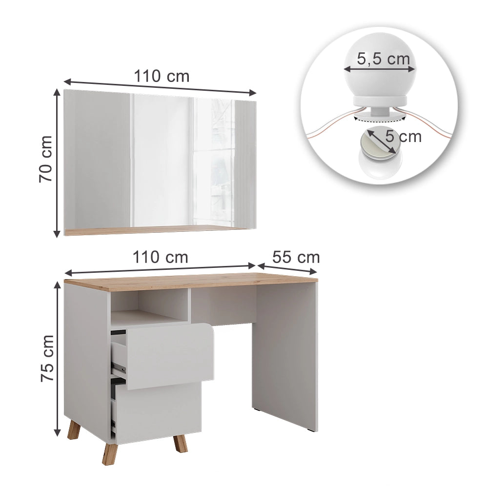 Vicco Tavolo da toeletta Bianco/Artisan 110 cm con luci fiabesche a LED