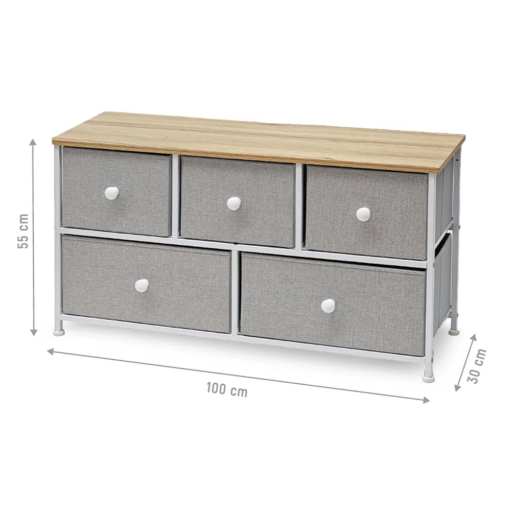 Trade Shop - Mobiletto Cassettiera Multiuso Salvaspazio 5 Cassetti In Metallo Legno Naturale Tnt Grigio -