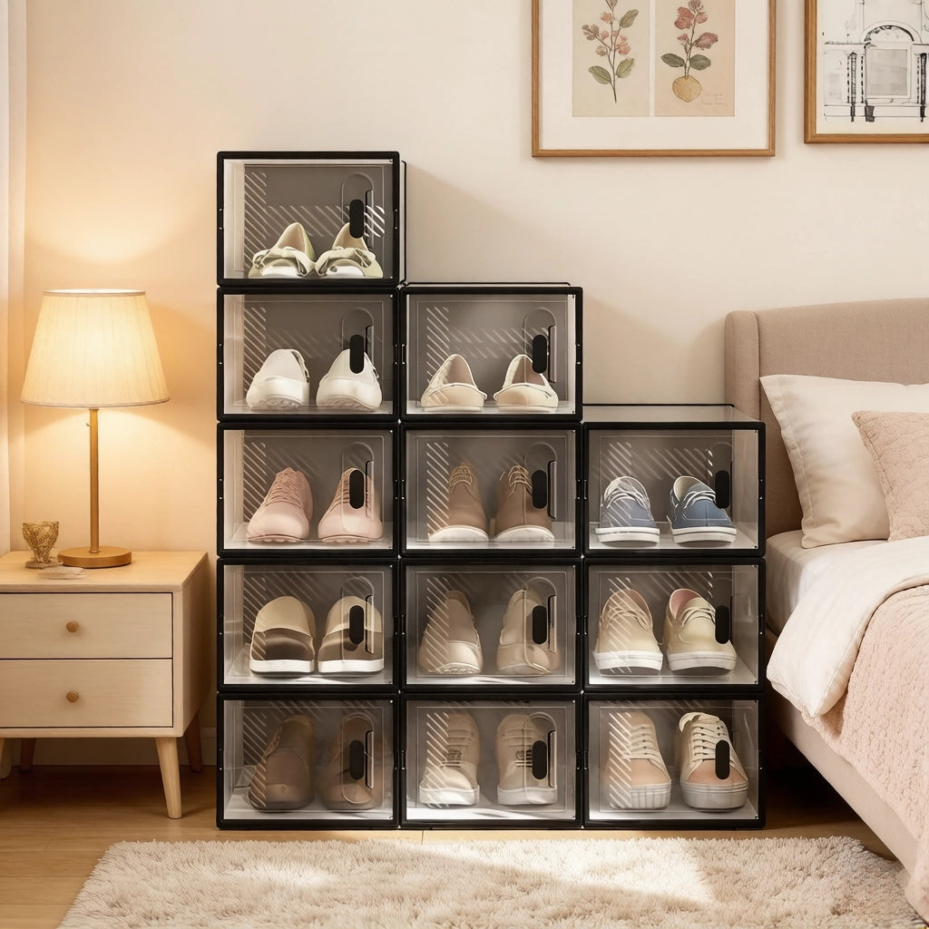 Scarpiera modulare in plastica con 12 box impilabili per scarpe, per camera da letto e bagno, nero trasparente