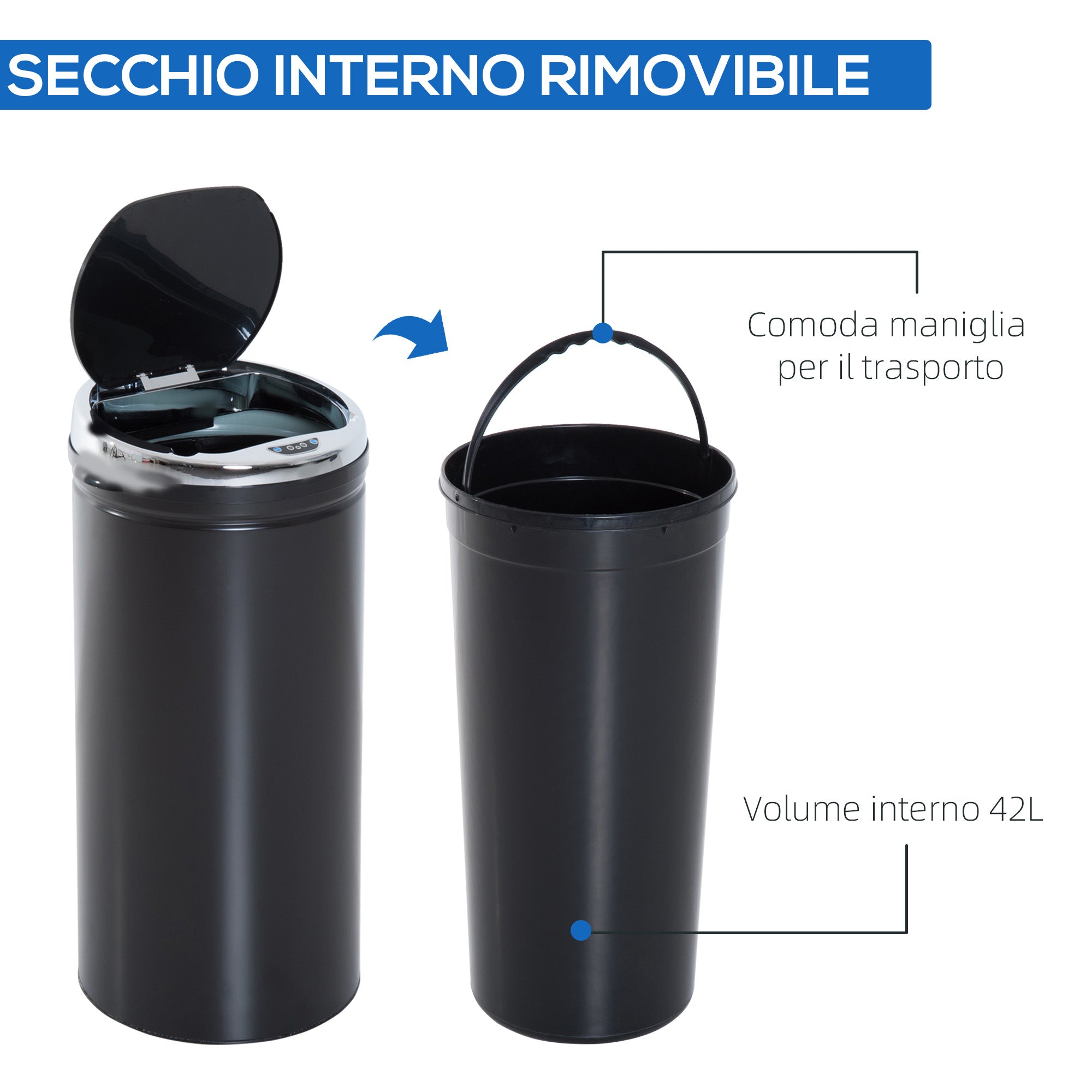 Pattumiera Automatica da 42L con Sensore a Infrarossi 30.5x30.5x68 cm in Acciaio e Plastica Nero