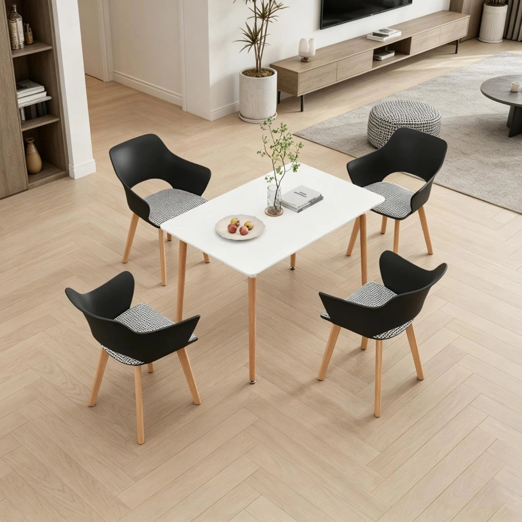 GrandCA HOME Set di Tavolo e Sedie da Pranzo in Stile Nordico, Tavolo da Pranzo Rettangolare Moderno, 4 Sedie da Cucina Imbottite, per Sala da Pranzo, Soggiorno, Cucina (Bianco + Nero)