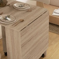Tavolo Pieghevole con 2 Ribalte per 6 Persone con Ripiani e Rotelle Integrate, Legno Naturale