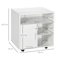 Mobiletto Porta Stampante con Ripiani Aperti e Armadietto in Legno, 60x50x65.5cm, Bianco