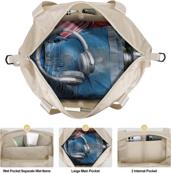 Borse per donne, valigetta per weekend, bagaglio a mano, borsa da viaggio, borsa sportiva, borsa per malattia, borsa per gravidanza, borsa per palestra, borsa per allenamento per viaggi aereo, viaggi, beige, tessuto deconstruito