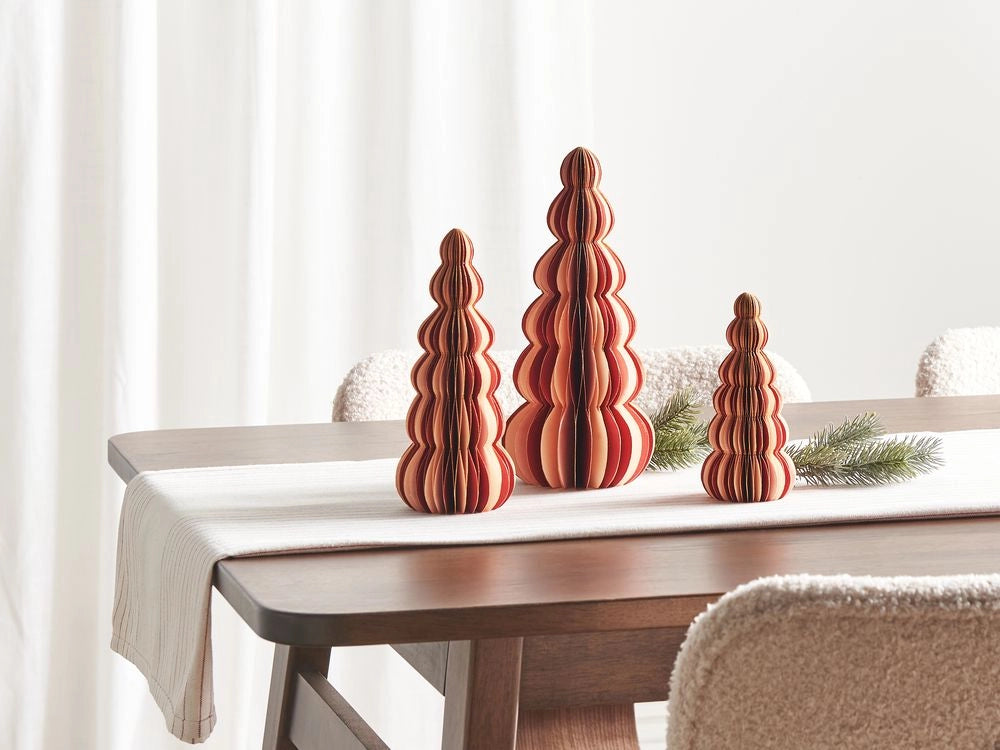 Set di 3 statuette a forma di Alberi di Natale in carta a nido d'ape beige e rosso decorazioni natalizie