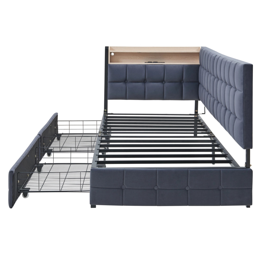 Letto imbottito 90x200 cm con LED; cassetti e USB in tessuto grigio