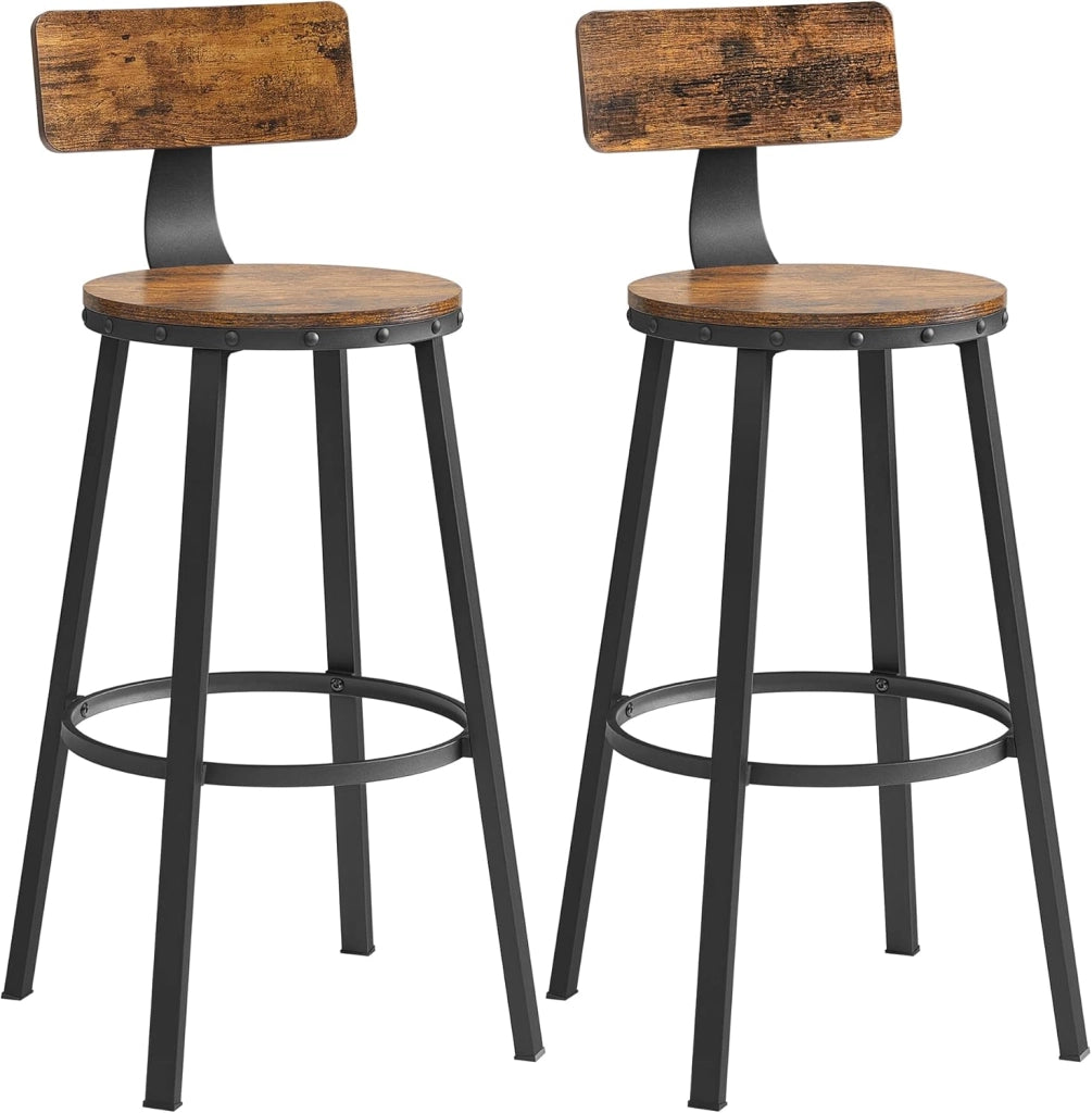 VASAGLE Set di 2 Sgabelli da Bar, Sedie da Cucina, con Schienale, Struttura in Acciaio, Altezza di Seduta di 73 cm, Montaggio Facile, Stile Industriale, Marrone Vintage e Nero LBC026B01V1