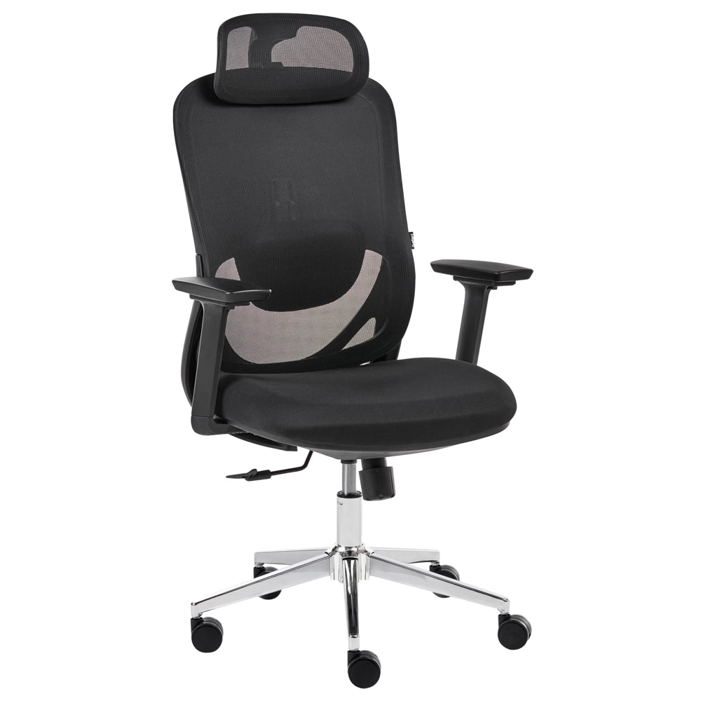 Sedia da ufficio in rete nera, rotelle in plastica, girevole, schienale reclinabile, regolazione in altezza, braccioli, poggiatesta regolabile, moderna ed ergonomica