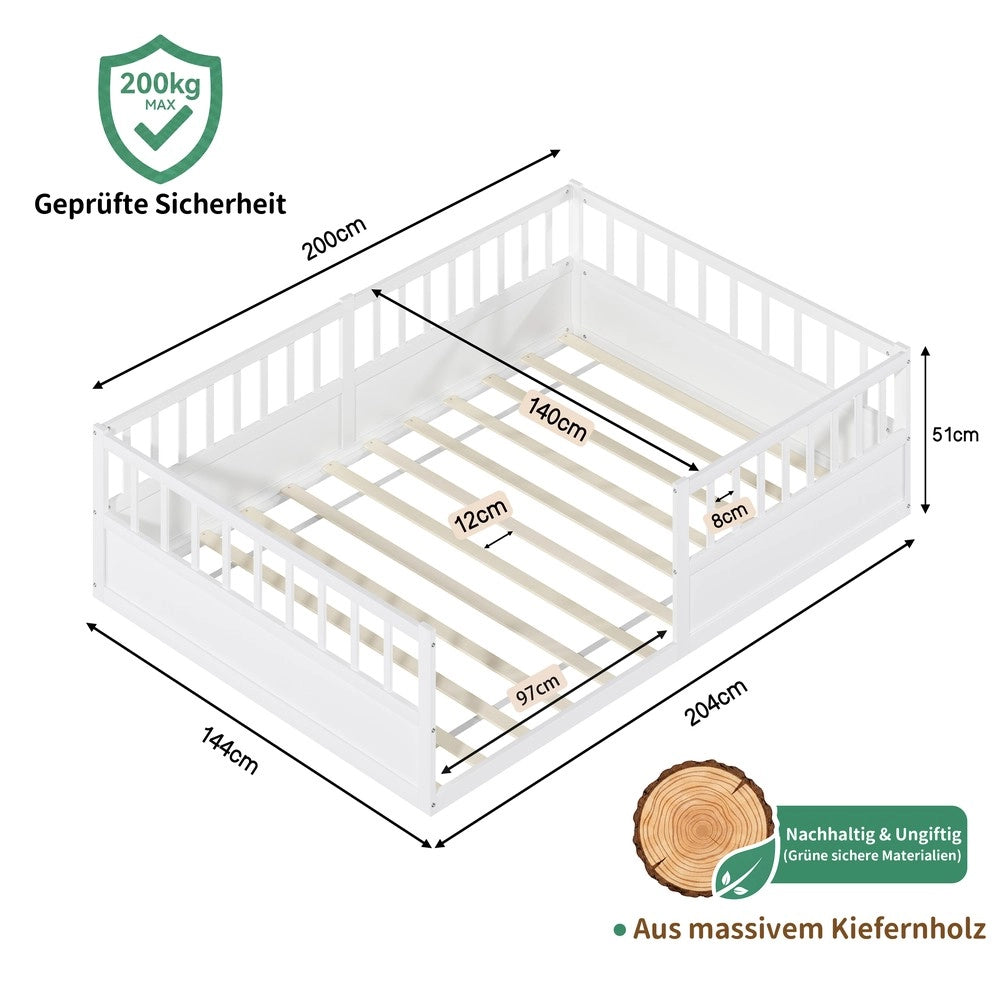 Letto Montessori Singolo con Doghe e Sponda ¨C MINIMAL ¨C Pino Bianco 140x200