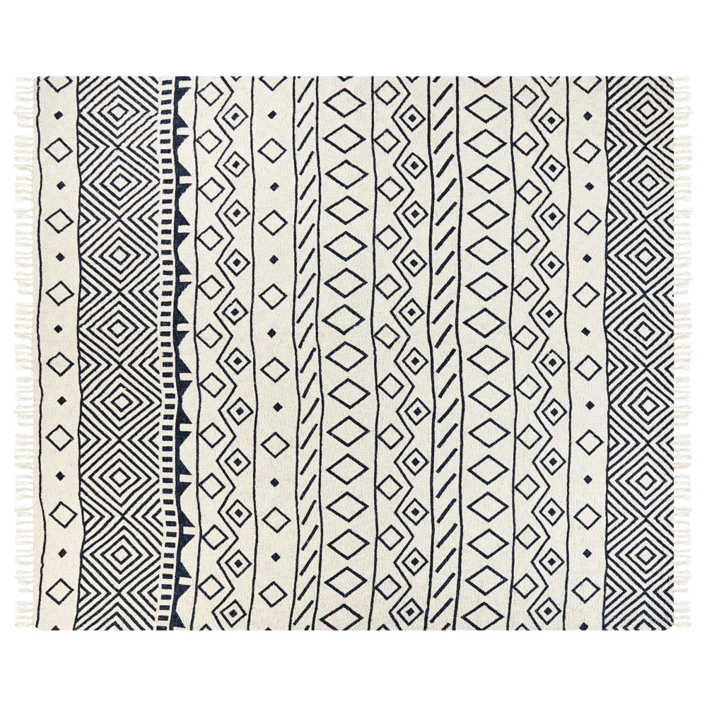 Plaid in cotone fatto a mano con motivo geometrico e nappe beige e blu marino 200 x 240 cm divano camera da letto soggiorno