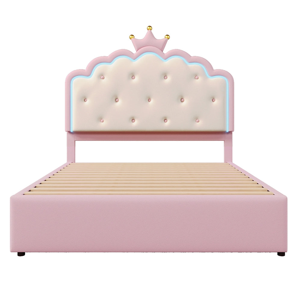 Letto imbottito principessa - Xylo - 140x200 cm - Rosa - Con 2 cassetti e illuminazione