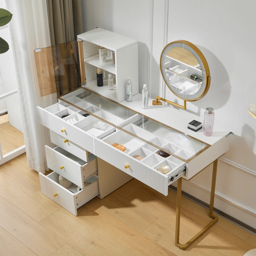Set toeletta con specchio LED a 3 colori, piano in vetro, bianco e oro, 120 x 45 x 115 cm