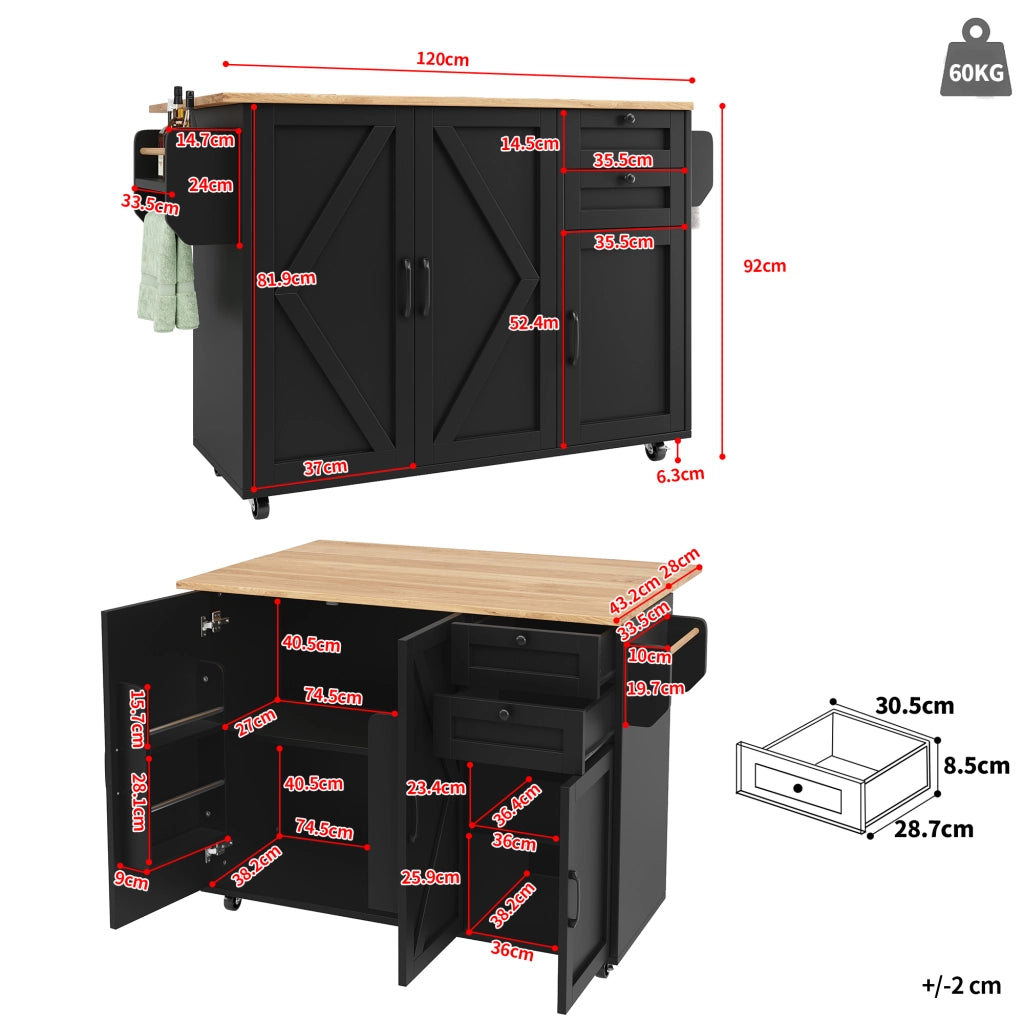 Carrello da Cucina con 2 Cassetti e Ripiani su 2 Lati Piano Pieghevole con Ruote in MDF Nero