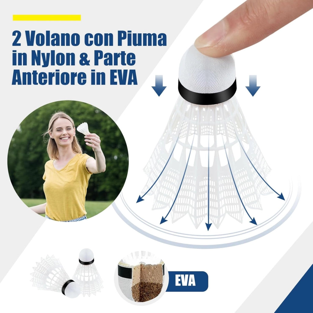 Set di Racchette da Badminton Regolabile e Portatile, Set di Rete da Badminton con 2 Volani, Tappi per Piedi, Morsetti e Borsa, per Badminton, Pallavolo e Pickleball