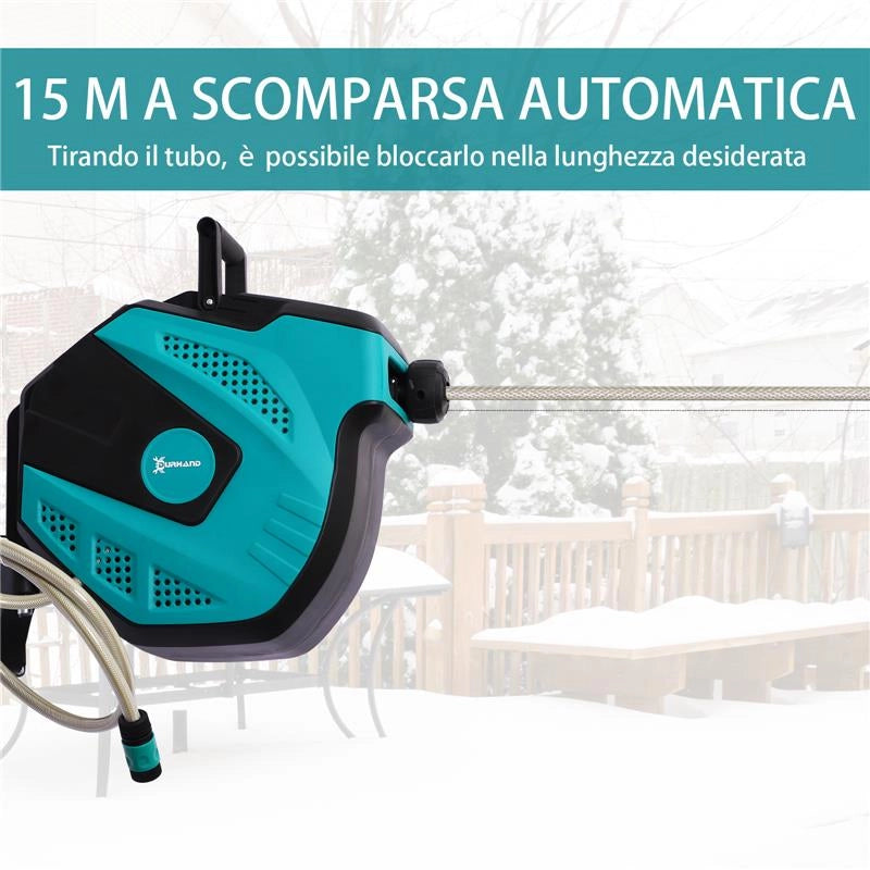 AVVOLGITUBO AUTOMATICO A PARETE CON 7 MODALITÓ DI IRRIGAZIONE, IN PLASTICA, 44X22.5X41 CM, NERO E VERDE