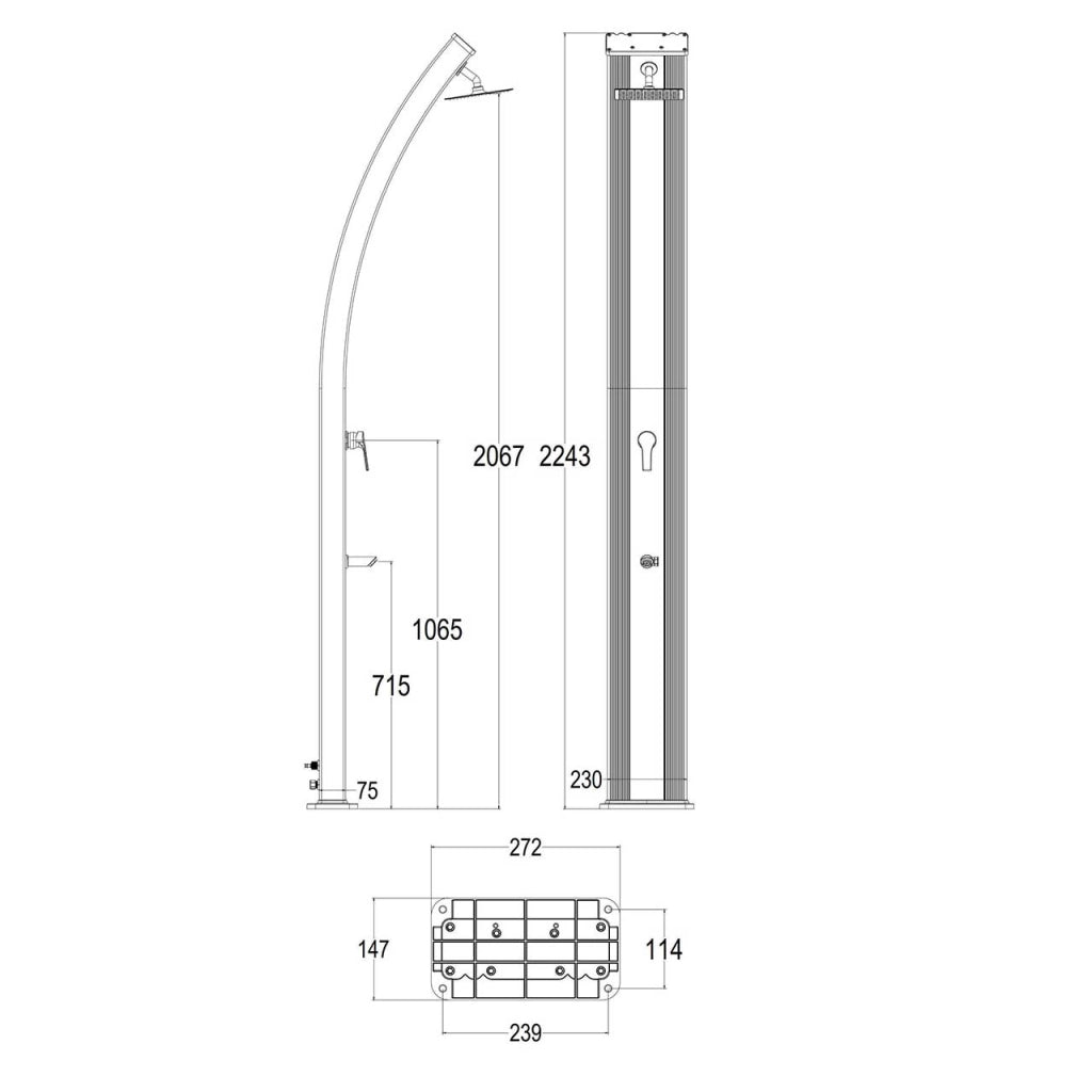 SINED Doccia Solare Nera In Alluminio con Fascia Centrale Inox Serbatoio 40 Litri Altezza 224 cm Miscelatore e Soffione Quadrato Modello Ella