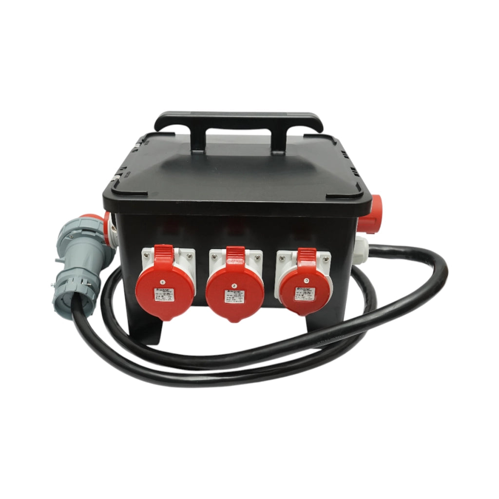 Quadro prese per cantiere portatile, 2 × 415V / 16A, 2 × 415V / 32A, 4 × 250V / 16A, dimensioni 370 × 340 × 330 mm, grado di protezione IP44 / IP54. Breckner Germany