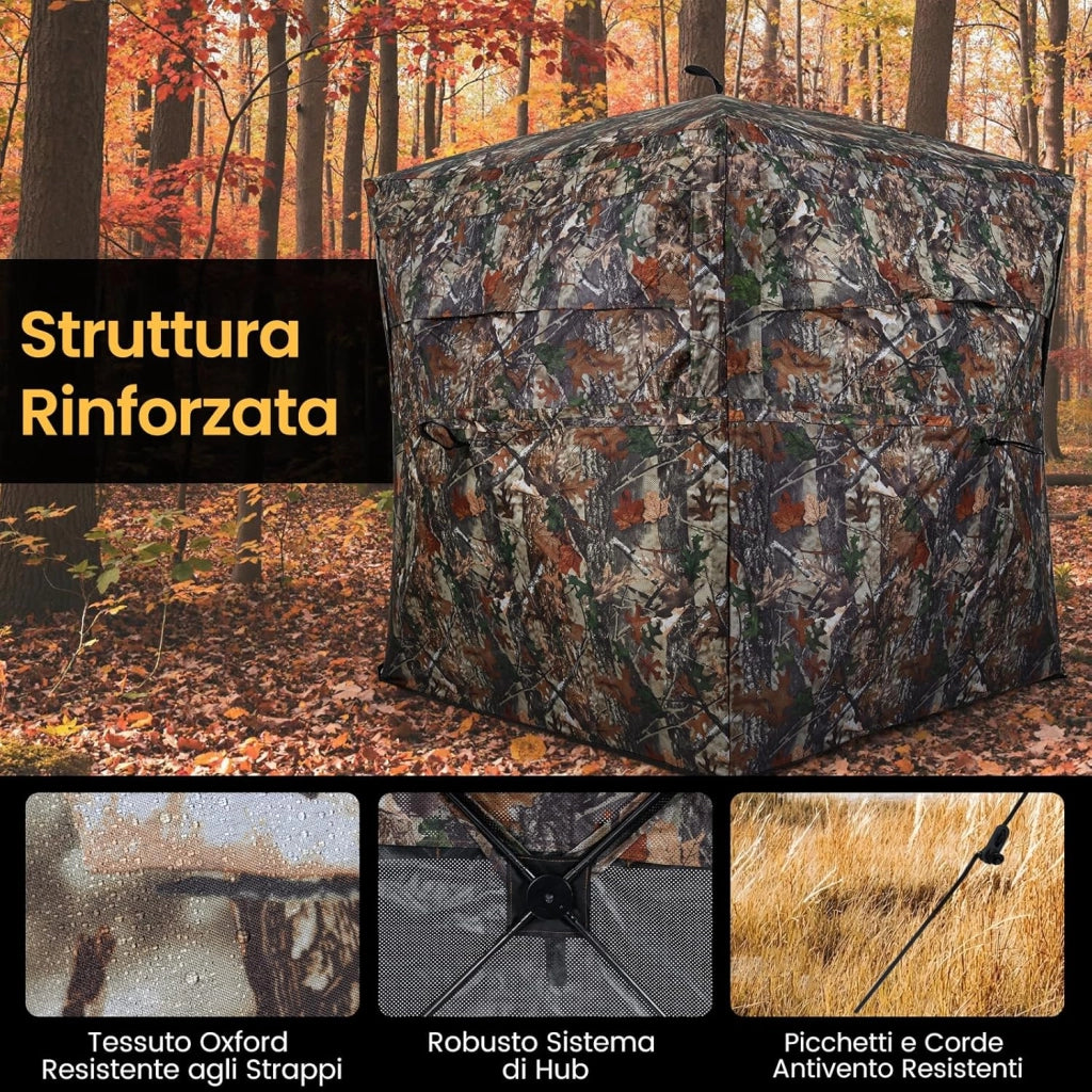 Tenda da Caccia Portatile per 4 Persone, Capanno Mimetico a Visione a 360° con Rete Trasparente e Borsa da Trasporto, Tenda Pop-up Camouflage per Caccia di Cervi e Tacchini, 147 x 147 x 170 cm