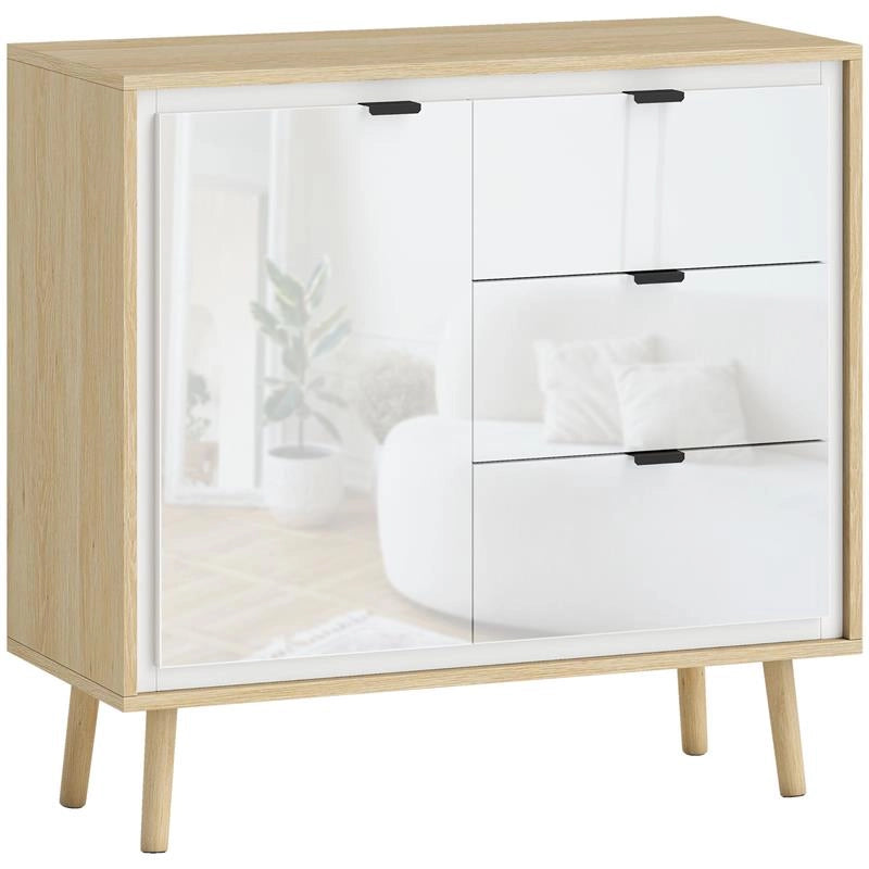 CREDENZA MODERNA CON 3 CASSETTI E ARMADIETTO, RIPIANO INTERNO REGOLABILE E ANTE LUCIDE, BIANCO E ROVERE