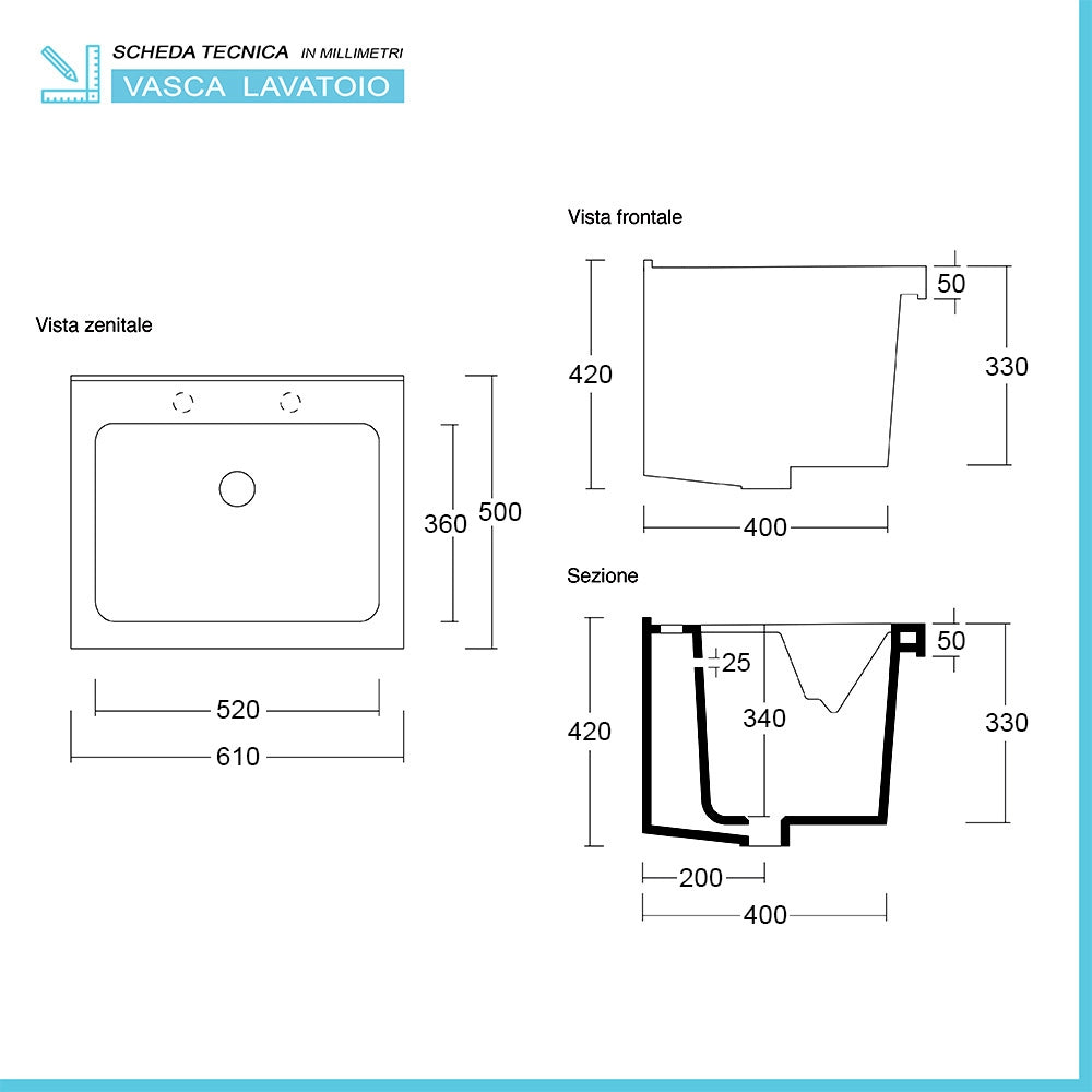 Mobile lavatoio 61x50 cm bianco opaco con vasca in ceramica e kit scarico