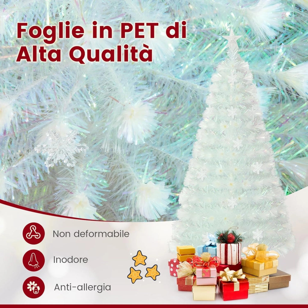 Albero di Natale Pre-illuminato in Fibra Ottica 120/150/180/210 cm, Albero di Natale Bianco con Foglie Iridescenti, Luci a LED a Fiocco di Neve Multicolore, Luce Superiore a Stella (150 CM)