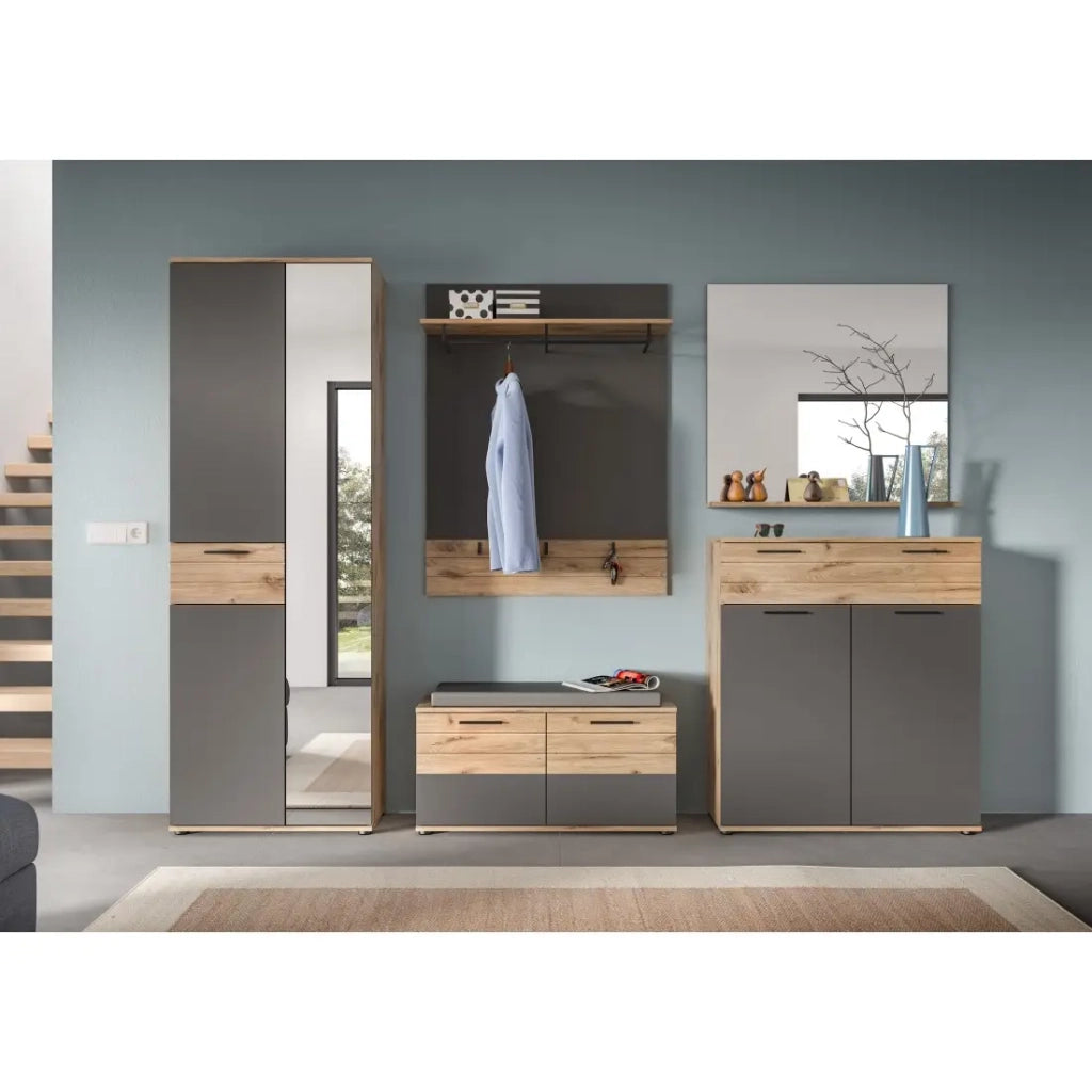 Set bagno: mobile sotto lavabo + mezza colonna + specchio – Grigio antracite e rovere chiaro – SELMA