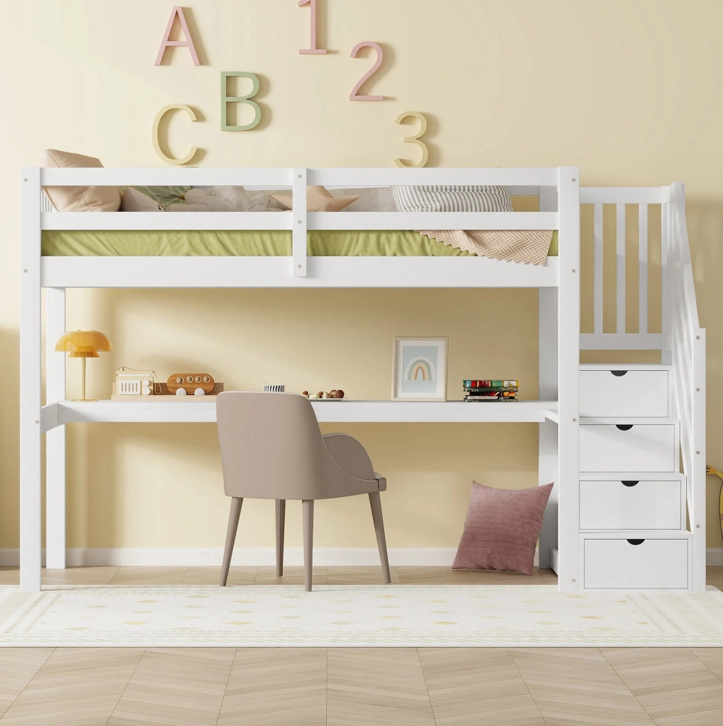 Letto a soppalco 90x200 cm con scrivania e spazio contenitore; pino; bianco (Senza materasso)