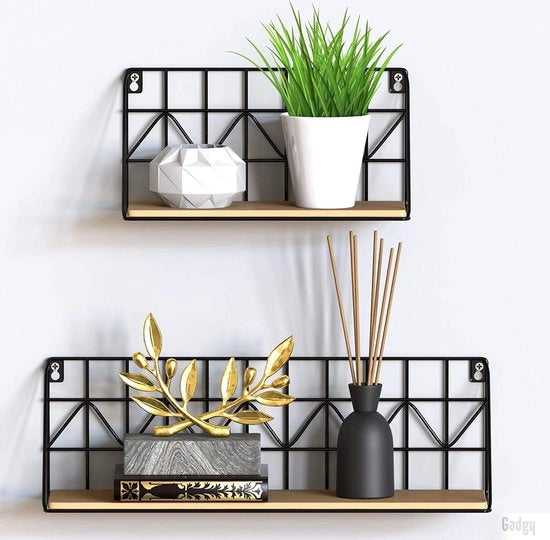 Set di 2 Pannelli da Parete Flottanti - Progetto Industriale con Legno e Metallo Nero, Libreria per Libri o Decorazione