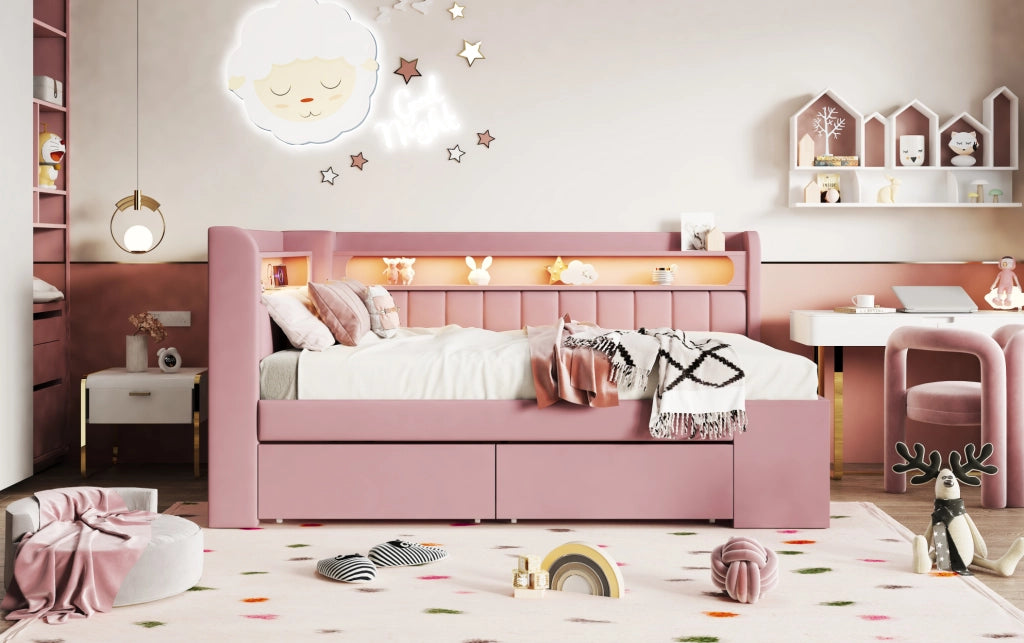 Divano Letto Imbottito 90x200 cm con Porta USB, Striscia LED, Scarpiera e 2 Cassetti, Rosa
